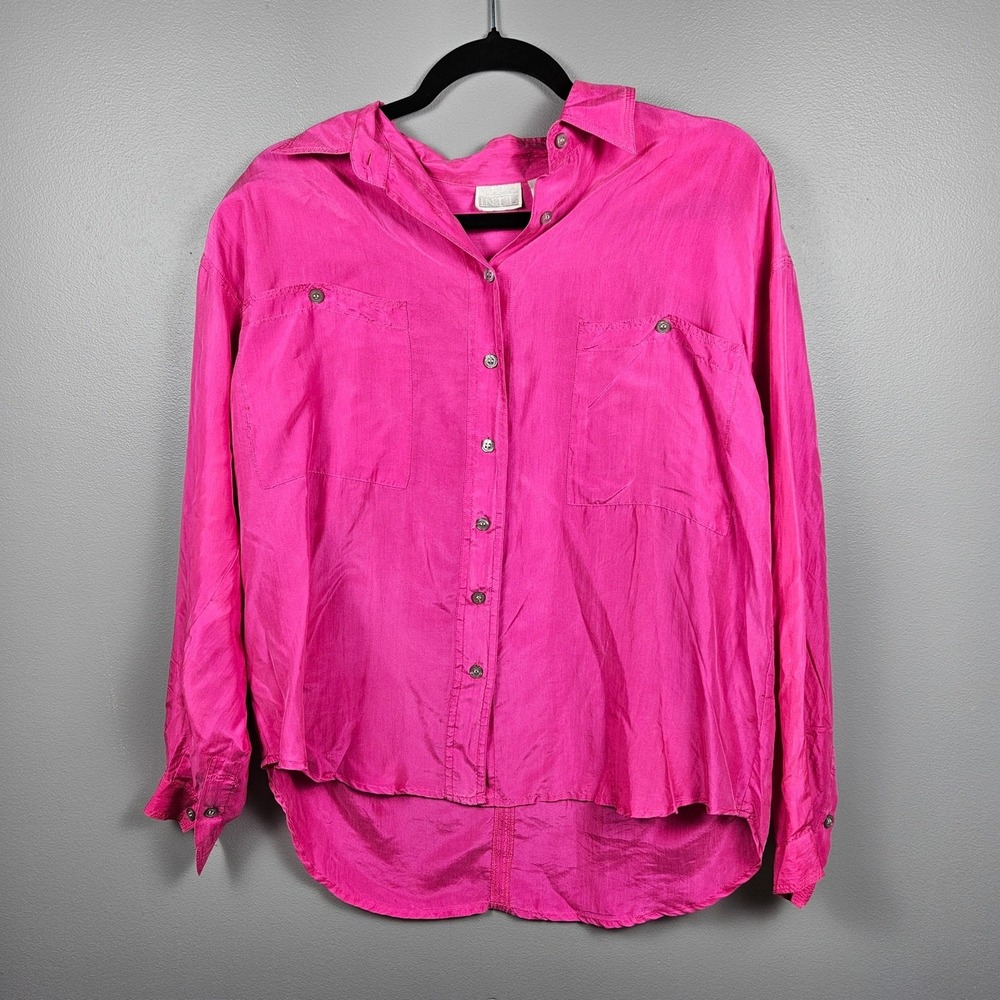 Vintage Y2K Moda Women Medium 100% Silk‎ Pink Button Front Blouse Long Sleeve